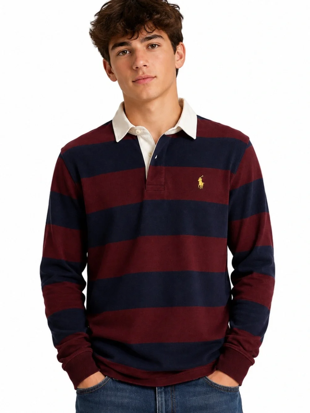 Polo Ralph Lauren Rugby Shirt Burgundy Navy Stripe Long Sleeve Size S
